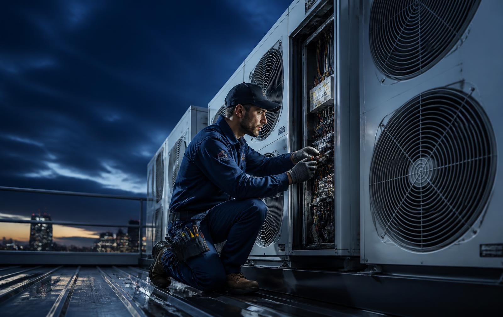Justice Forge technician servicing commercial air conditioning condensers in Gauteng